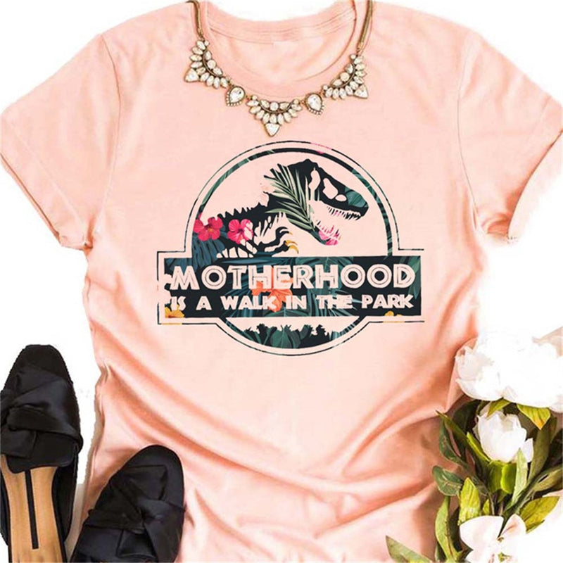 MOTHERHOOD IS A WALK IN THE PARK Letter Harajuku Print Women T shirt Cute Dinosaur Head Graphic Tshirt Female Vintage T-shirt