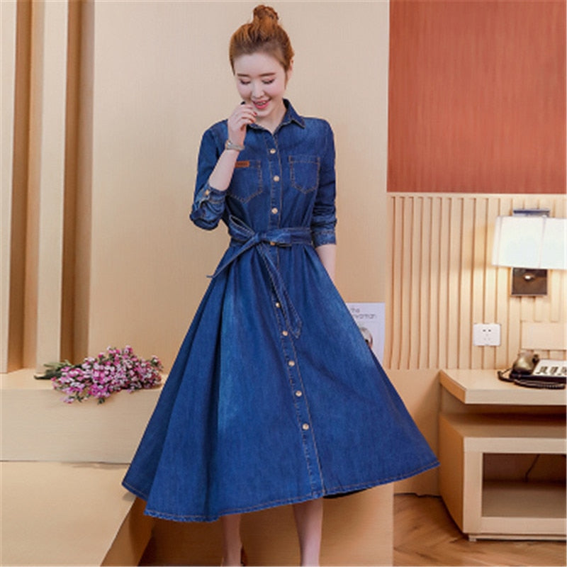 Spring and autumn style new Korean version of the lapel a-shaped mid-length long-sleeved fashion denim dress women