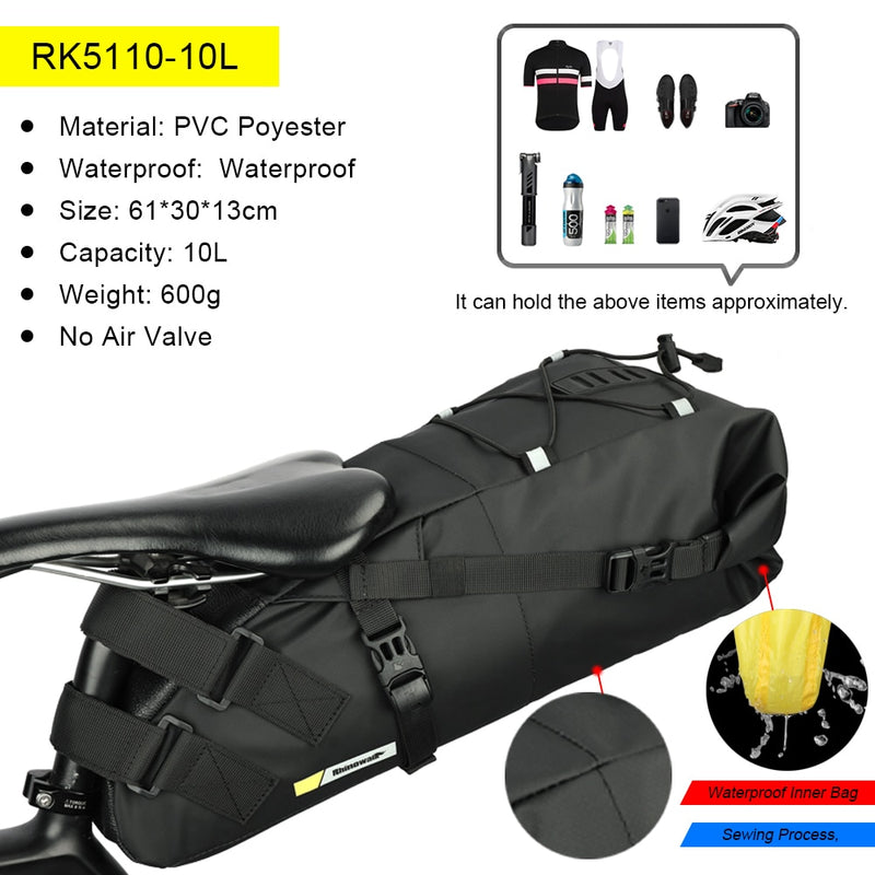 Bolsa de sillín de bicicleta impermeable Rhinowalk, bolsa trasera plegable reflectante de gran capacidad, alforja negra para maletero de bicicleta de montaña