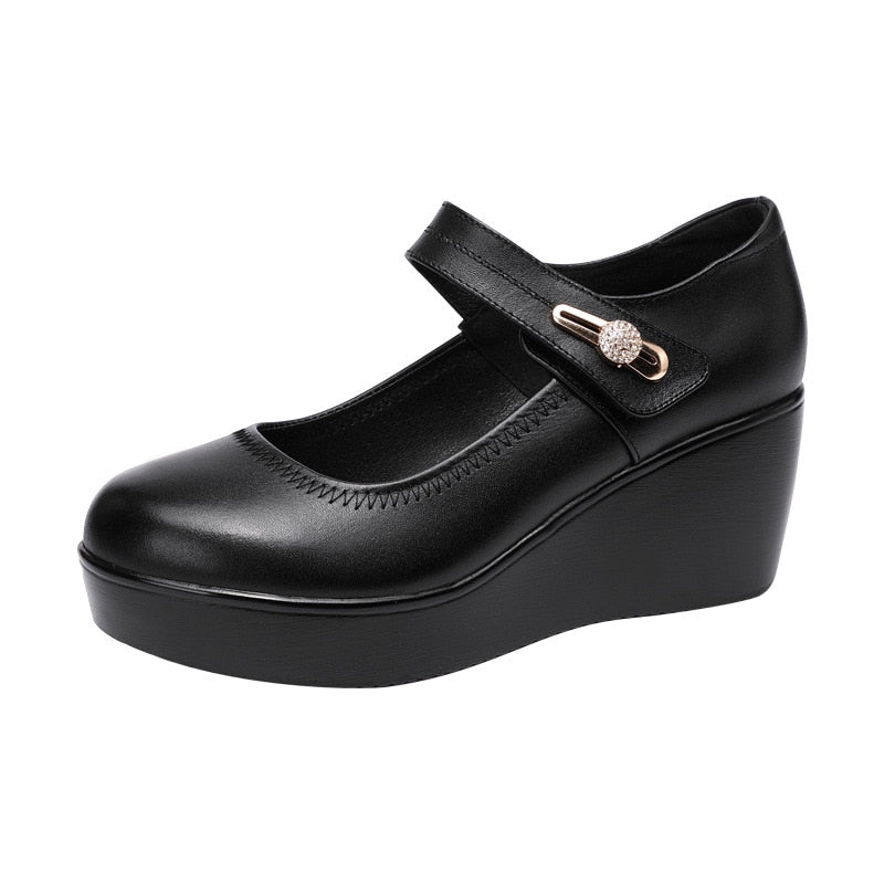 GKTINOO 2022 Spring Leather Shoes Women Platform Wedges Shoe High Heels Round Toe Comfortable Black Women Pumps Large Size 33-43