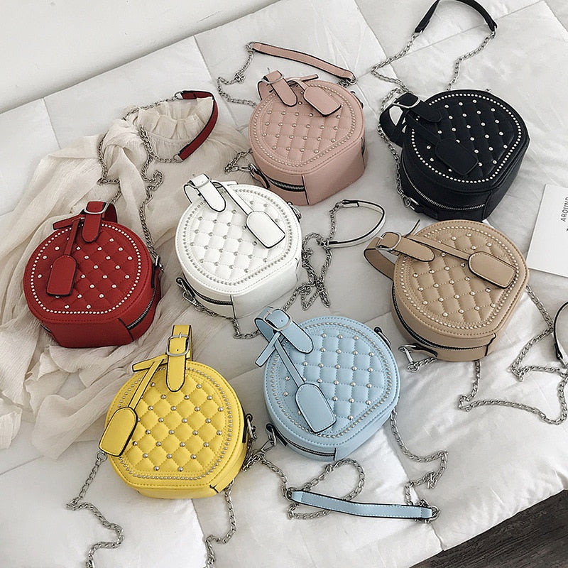 Fashion Chain Rivet Circular Women Shoulder Bag PU Leather Women&