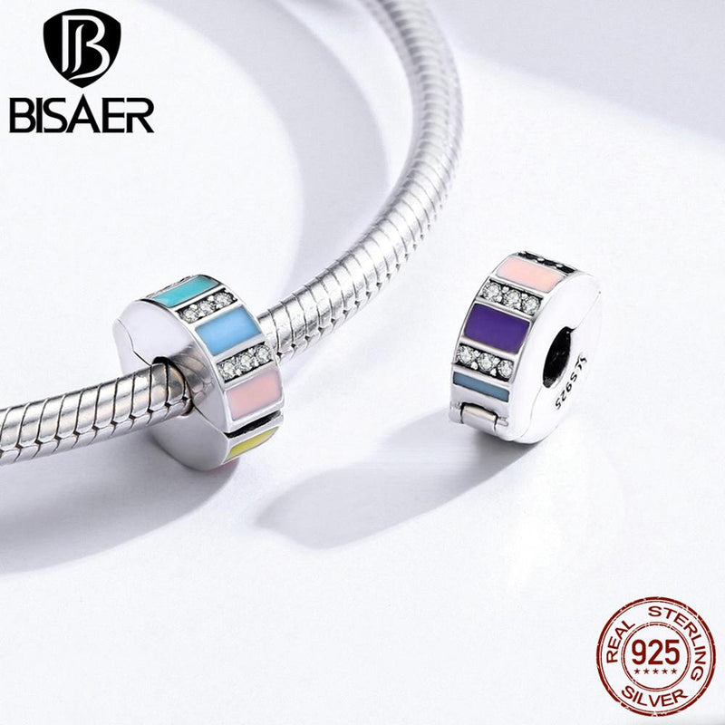 BISAER Authentic 925 Sterling Silver Stopper Clip Heart Star Charm Clear CZ Beads Fit Charm Silver 925 Bracelet Jewelry Making