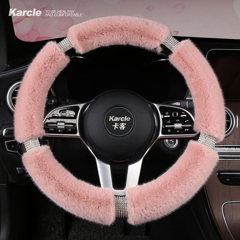 Funda para volante Karcle esponjosa con diamantes de imitación ostentosos, fundas para volante de coche peludas, universales, 38cm para mujeres y niñas