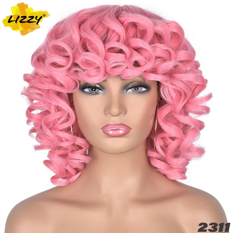 Kurzhaar-Afro-Lockenperücke mit Pony, lose, synthetische, flauschige, schulterlange, natürliche Perücken für schwarze Frauen, dunkelbraun, 35,6 cm