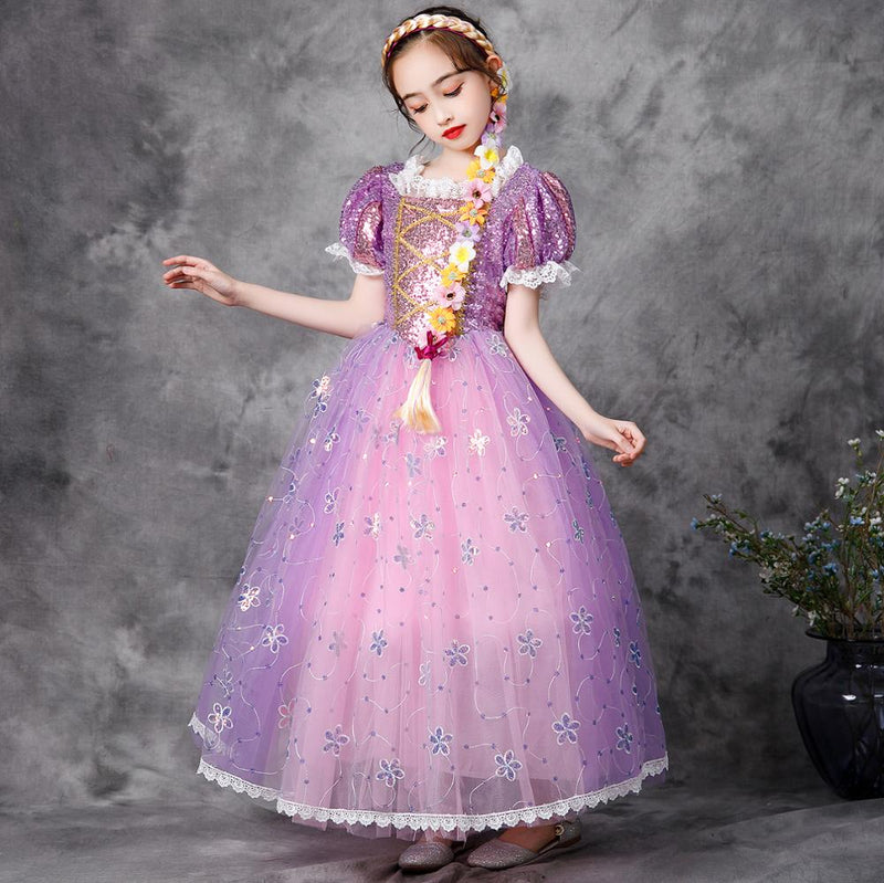 VOGUEON Girls Tangled Princess Dress Sequined Puff Sleeve Vestido Infantil Rapunzel Fancy Costume For Kids Party Cosplay Clothes