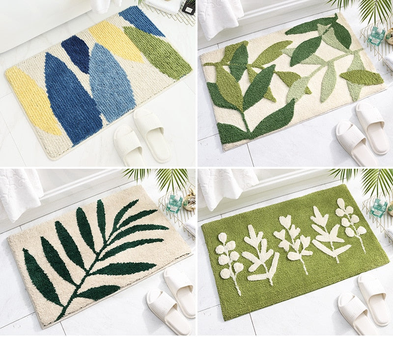 3D Plant Design Flocking Bathroom Mat 1pcs Absorbent Floor Carpet Doormat Bath Mats Home Hallway Mat Toilet Rug Kitchen Carpets