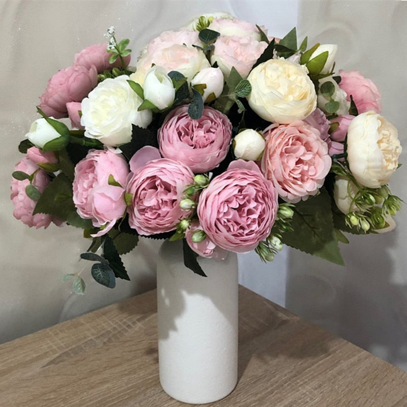 10 unids/lote, venta al por mayor, ramo de flores artificiales de peonía rosa de seda, flores falsas baratas para la decoración de la boda del hogar, flores de boda