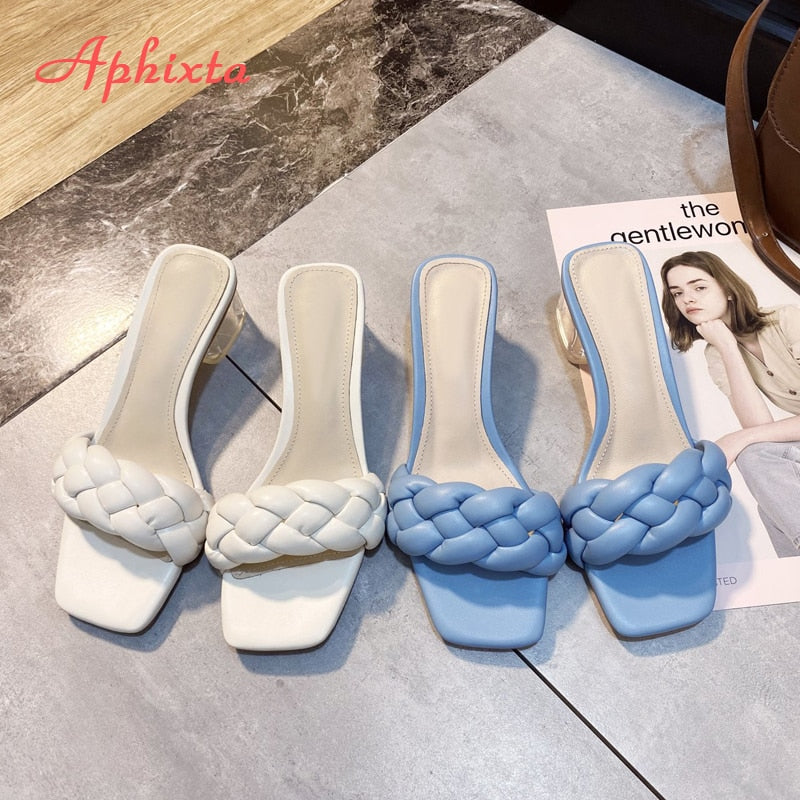 Aphixta 5cm Square Heels Slides Women Rope Lattice Peep Toe Women Outside Sippers Shoes Mujer Elegant Shoes