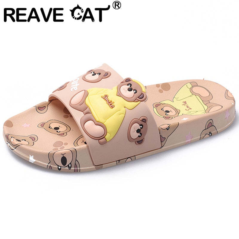 REAVE CAT New 2022 Women Slippers Open Toe 2cm Heels Cute Cartoon Bear Stylish Soft Comfort Non-Slip Bathroom Summer A3769