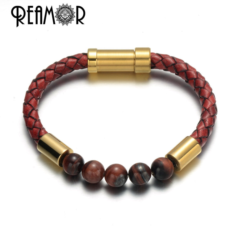 REAMOR Männer Schwarz Grün Naturstein Geflochtene Lederarmbänder Goldfarbe 316L Edelstahl Eingebetteter Verschluss Armreif Schmuck