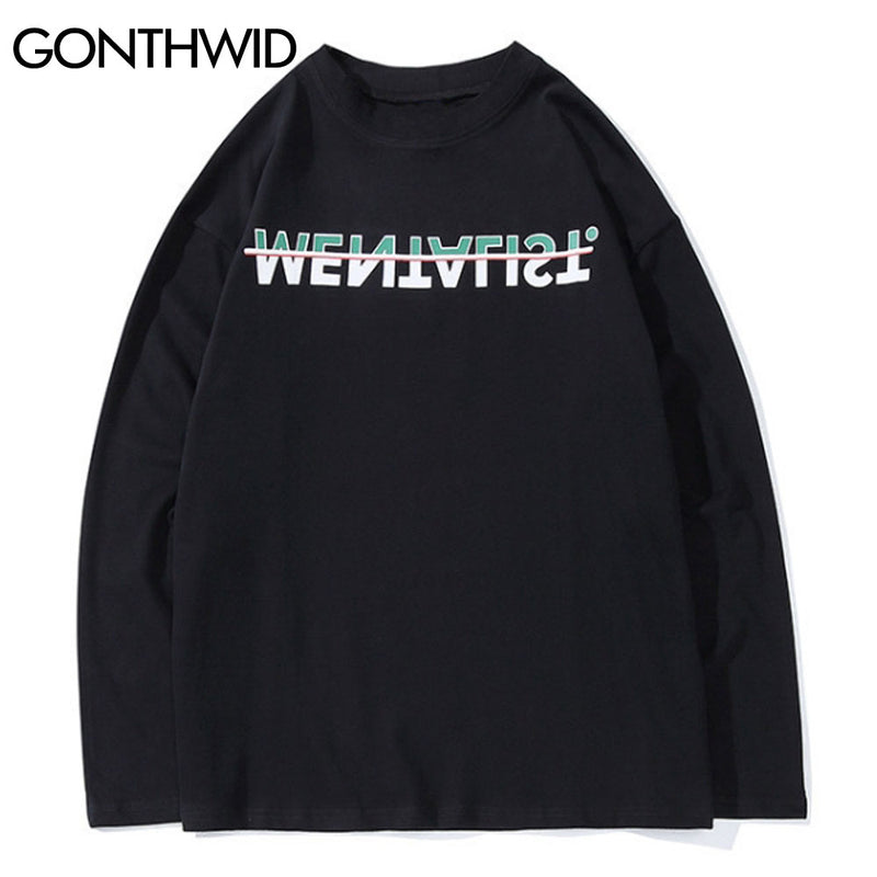 GONTHWID Long Sleeve Tees Shirts Creative Print Casual Loose Skateboard Tshirts Streetwear Mens Hip Hop Harajuku Fashion Tops