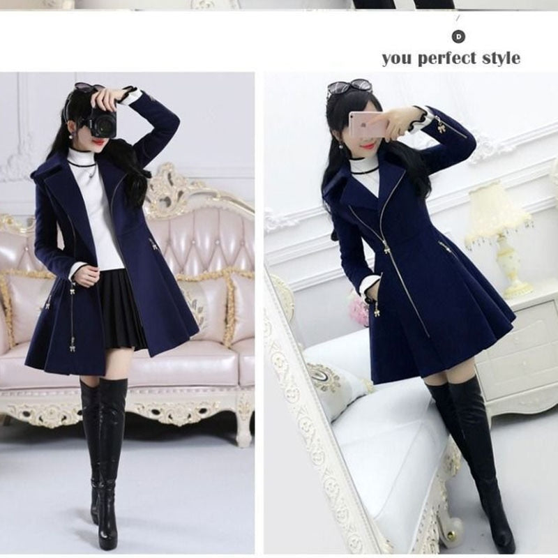 2022 Autumn Winter Women Coats Dark Blue Lady Clothing Zipper Woolen Coat Mid-length Slim