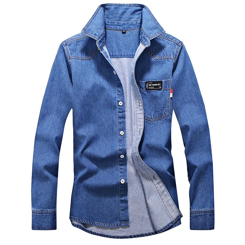 Denim Shirt Men Cotton Jeans Shirt Fashion Autumn Slim Long Sleeve Cowboy Shirt Stylish Wash Slim Tops Asian Size 3XL