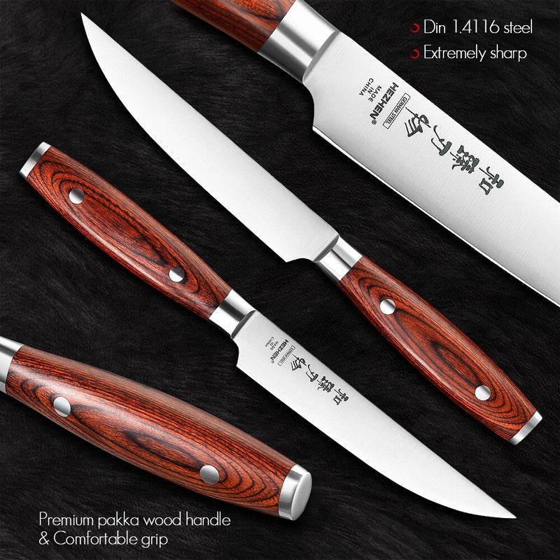 HEZHEN 5 Inches Steak Knife Cut Slice Meat Stainless Steel Rivet Sharp Pakka Wood Handle German DIN1.4116 Steel Kitchen Tool