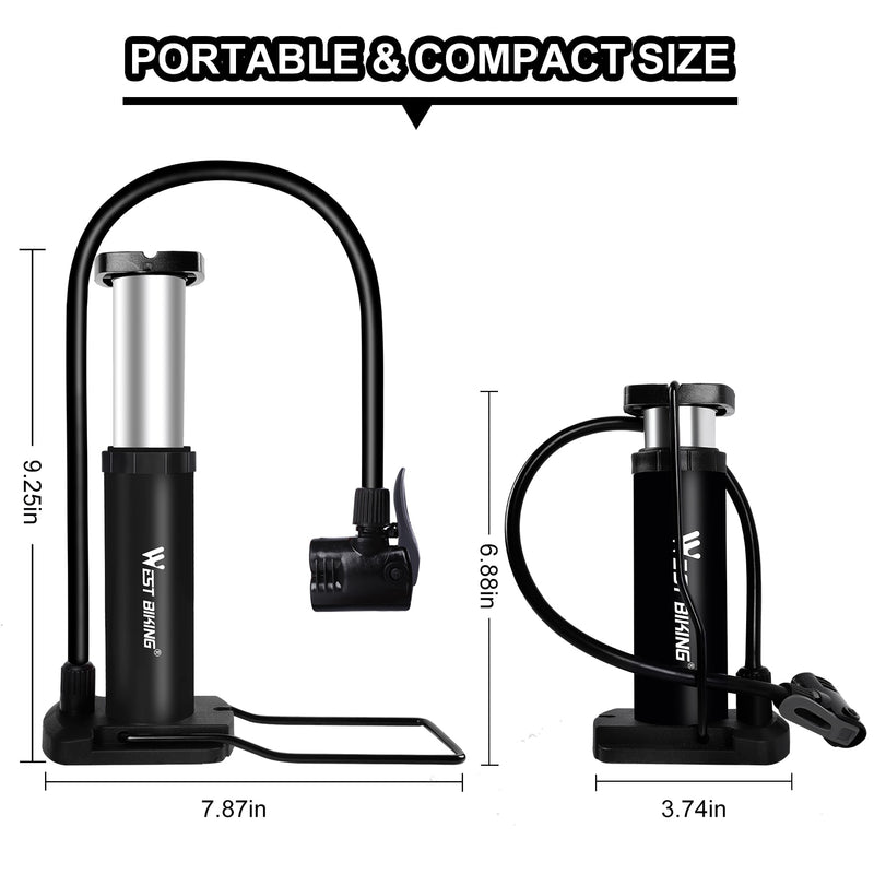 WEST BIKING Ultraleichte MTB-Rennradpumpe, tragbare Fahrradluftpumpe, Fußpumpe, 100/120 Psi Hochdruck-Fahrradreifenpumpe