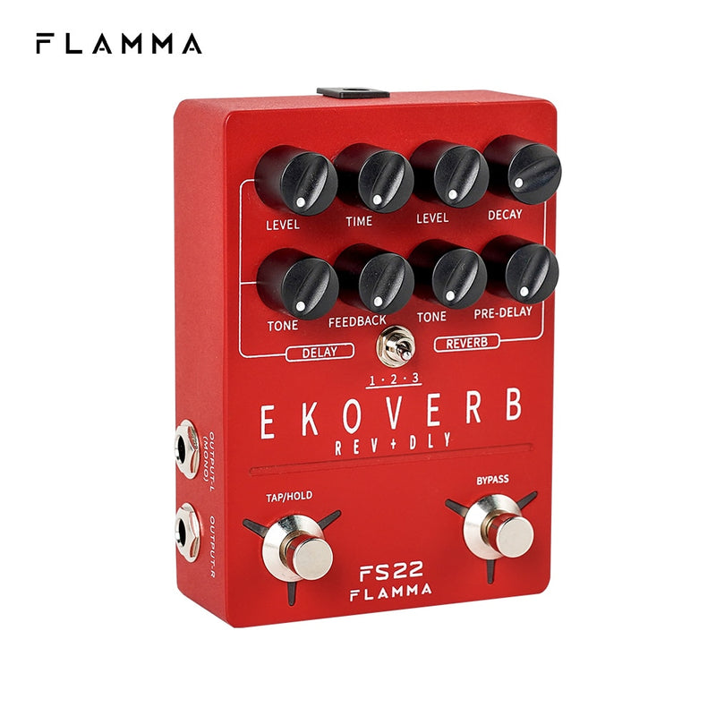 FLAMMA FS22 Ekoveb Dual Reverb Delay Pedal mit Freeze- und Trail-On-Funktion mit Netzteil