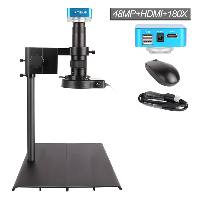 Cámara de microscopio HDMI HD 13MP 48MP USB 60FPS VGA Cámara de microscopio industrial 130X 180X C Lente de montaje 56 Lámpara de luz de anillo LED