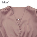 Bclout Elegant Satin Single-Breasted Shirt Dress Fashion Beige Slim V Neck Long Dresses Woman Latern Sleeve Autumn Winter Robe