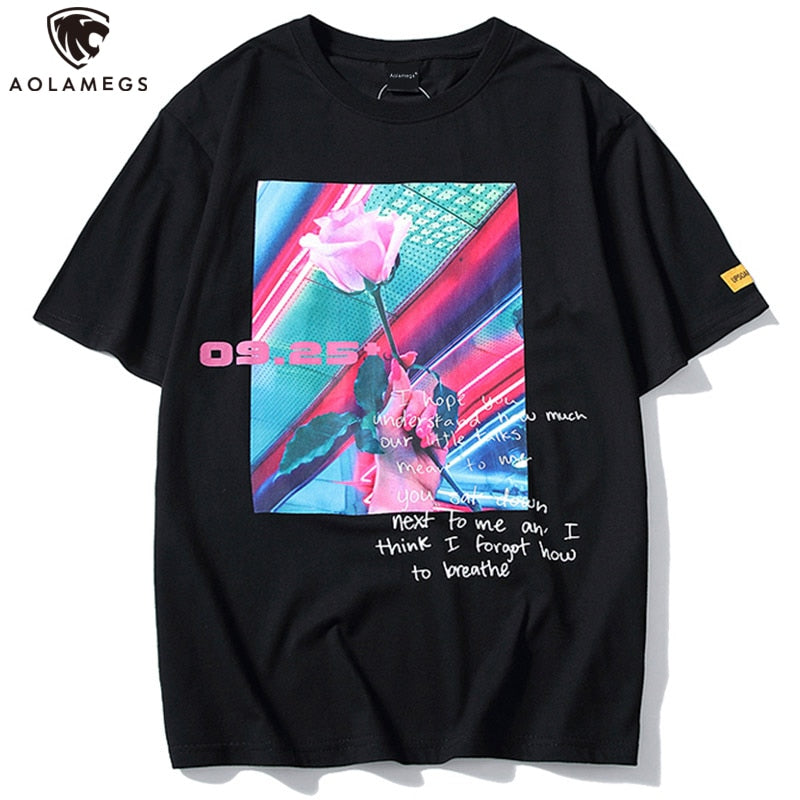 Camiseta Aolamegs para hombre, camisetas con estampado de flores rosas para hombre, camisetas de manga corta, camisetas de moda de calle, ropa informal estilo Hip Hop