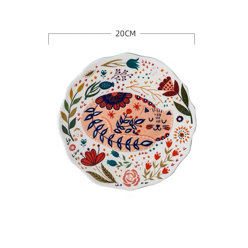 8 Inch Nordic Creative Cartoon Hand Painted Cat Plate Ceramic Tableware Under Glazed Dessert Dish Microwave Snack Steak Plate