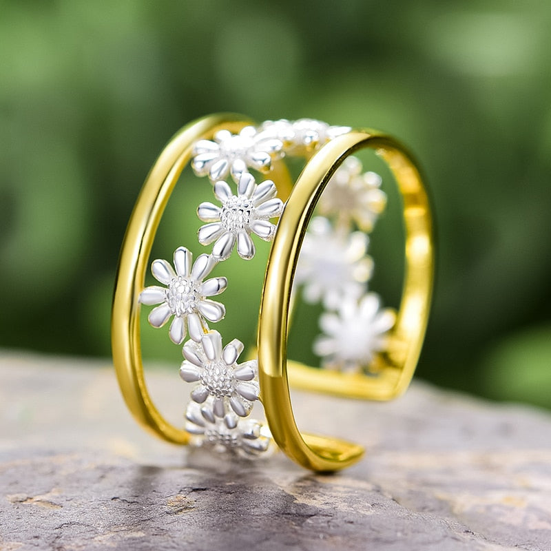 Lotus Fun Elegante kleine Gänseblümchen-Blume verstellbare Ringe für Frauen Echt 925 Sterling Silber Luxus 18 Karat Gold Schmuck 2022 Trend Neu