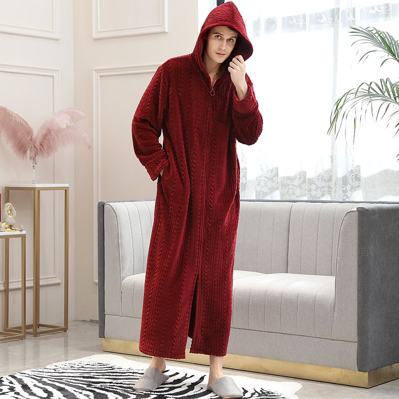 Women Winter Plus Size Long Warm Flannel Hooded Bathrobe 40-110KG Zipper Bath Robe Pregnant Night Dressing Gown Men Sleepwear