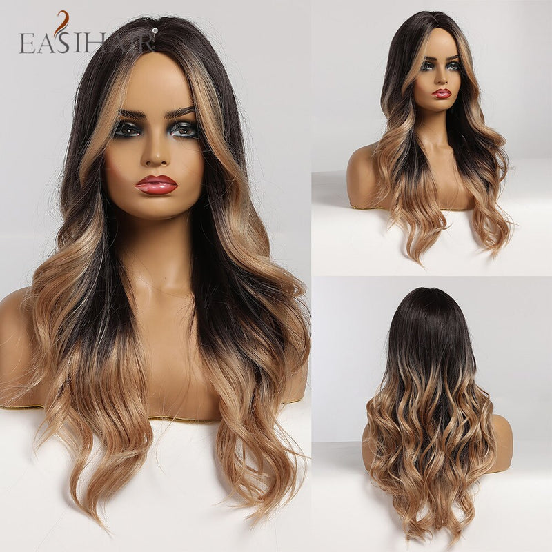 EASIHAIR Long Body Wave Light Brown Wigs with Blonde Highlights Middle Part Cosplay Heat Resistant Synthetic Hair Wigs for Women