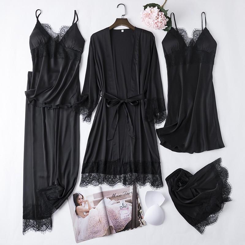 Satin Lady Robes Suit Sexy Kimono Bathrobe Gown Full Slip Lace Nightwear With Strap Nightgown Lingerie Summer Sleepwear With Bow