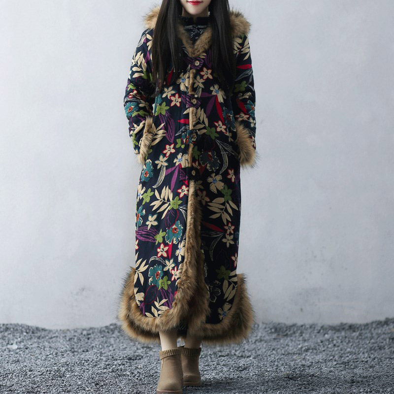 Ethnischer Stil Wintermantel Pelzkragen Langer Staubmantel Windjacke Baumwolle Leinen Vintage Baumwolle Gefütterte Kleidung Jaqueta Feminina f1859