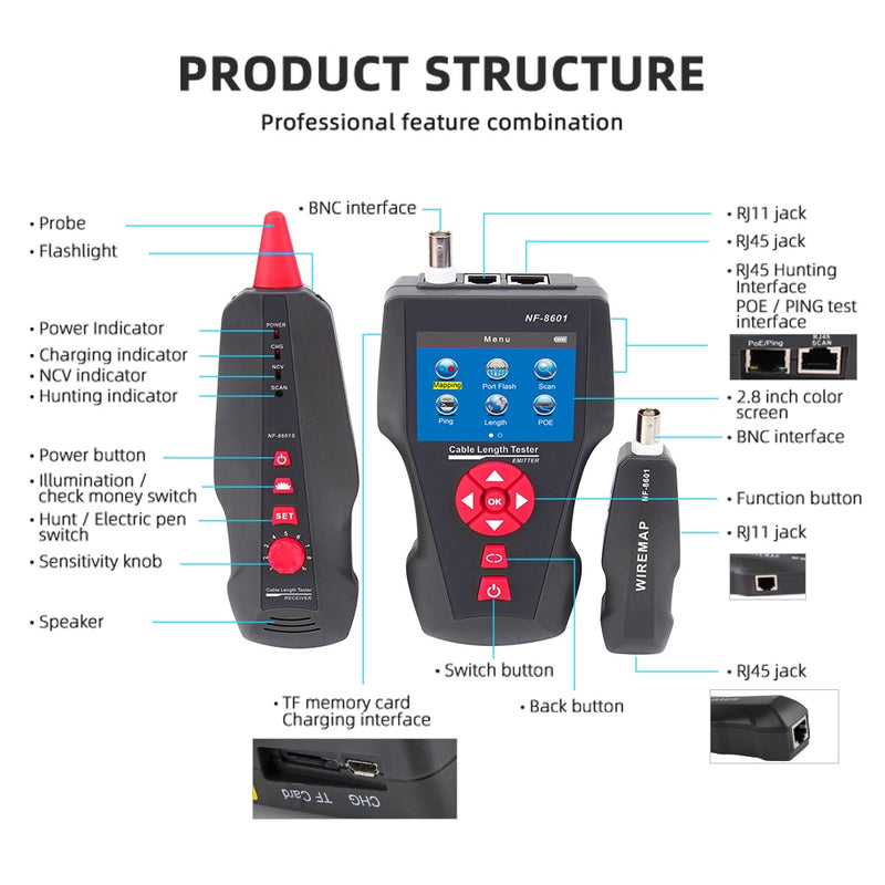 Original Noyafa NF-8601W Multipurpose Line Tracker POE/PING Measure Cable Length With 8pcs Remot Line network Tracker