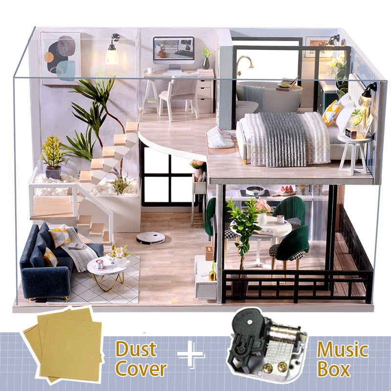 CUTEBEE Dollhouse Kit with Furniture Led Lights Diy Miniature House to Build Tiny Doll House Cozy Time for Children Toy Gift