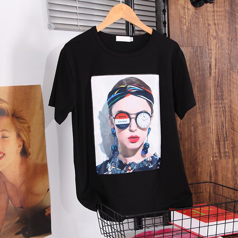 Summer Women's white clothes 2021 new Fashion Europe style Loose lady T-shirts black Printing Appliques Comfortable tops Female