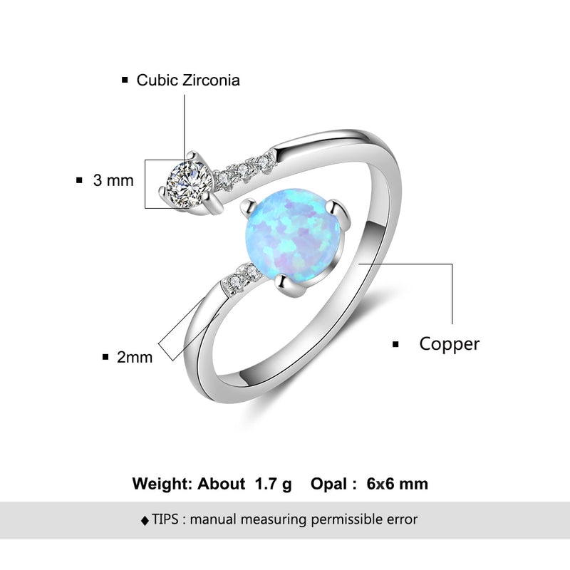 Anillos de plata para mujer, anillo envolvente ajustable de Zirconia cúbica con ópalo azul redondo creado, joyería de moda para boda para mujer