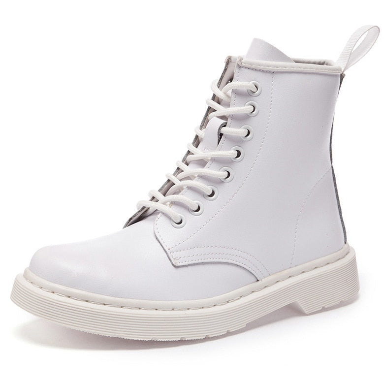 Botas de cuero genuino para Mujer, botines blancos, Botas de moto para Mujer, zapatos de Otoño Invierno para Mujer, Botas Punk para Mujer, primavera 2021