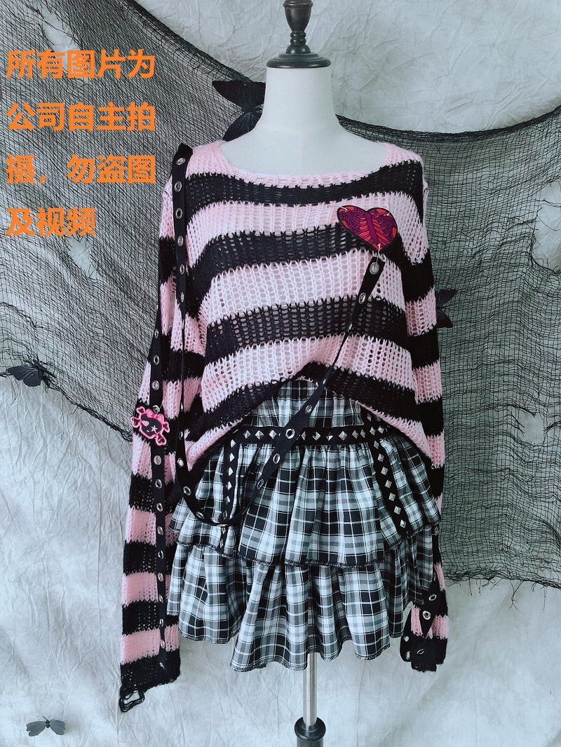 Suéter de punto a rayas para mujer y niña, gótico, Grunge, Morado, negro, rosa, ropa de calle elegante