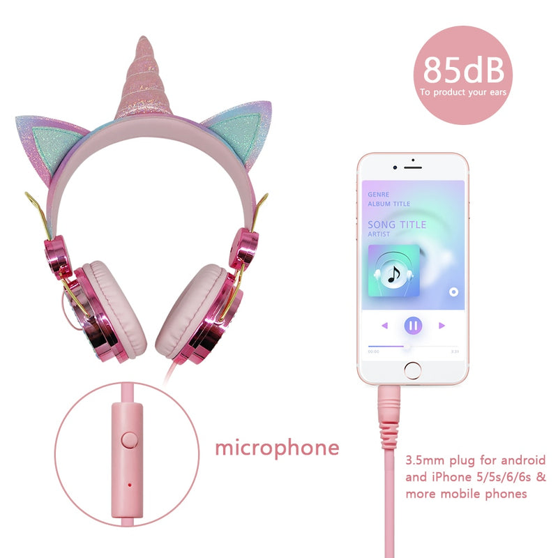 Bonitos auriculares con diseño de unicornio, música estéreo 3D, auriculares para niños con micrófono, teléfono móvil para niñas, auriculares con cable para niños, regalo para jugadores