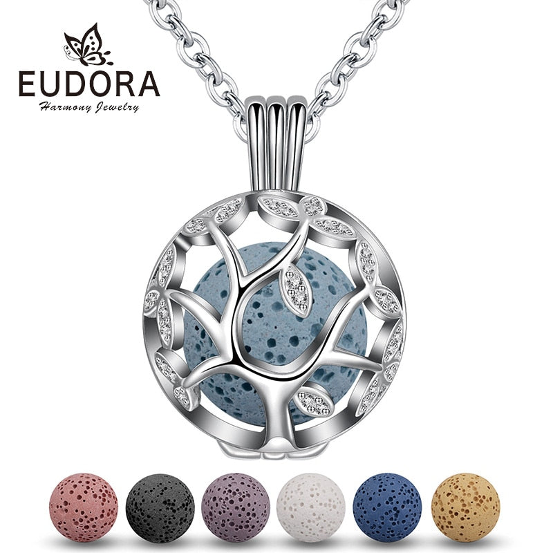 EUDORA, colgante de árbol de la vida de 14mm, collar difusor de medallón de jaula de circonia cúbica para aromaterapia, bola de piedra de Lava volcánica, joyería fina K187