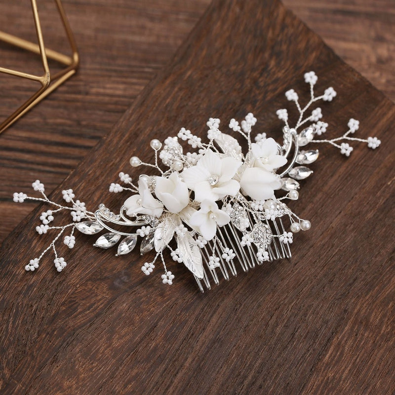 Peineta de perlas con diamantes de imitación y flores blancas, accesorios para el cabello de novia, peineta elegante para boda, adornos para la cabeza para mujer, diadema