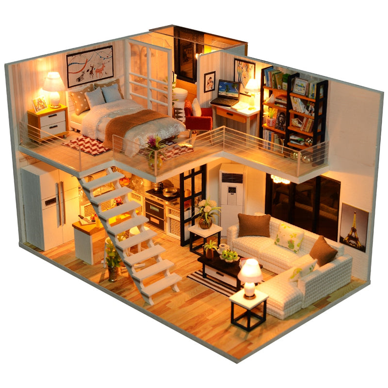 Cutebee DIY Dollhouse Kit Apartment Loft Wooden Miniature Doll Houses With Furniture LED Lights for Children Birthday Gift