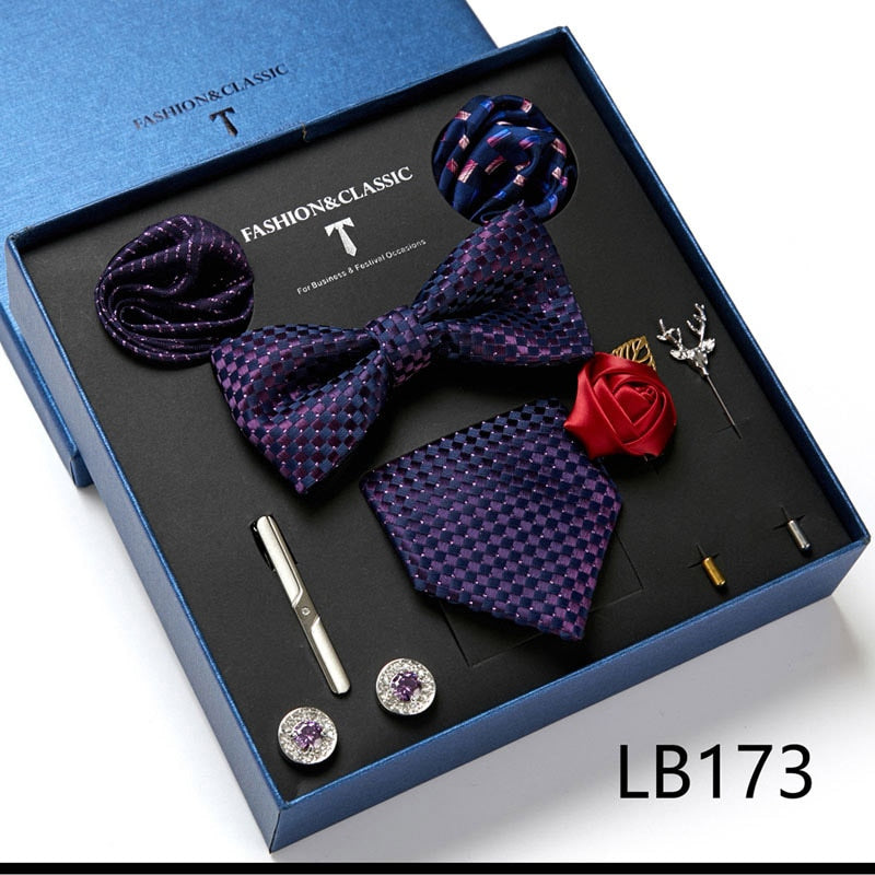 Envío Gratis, conjunto de corbata para hombre, caja de regalo de lujo, conjunto de corbata de seda, 8 Uds., embalaje interior, regalo festivo, pañuelos de bolsillo