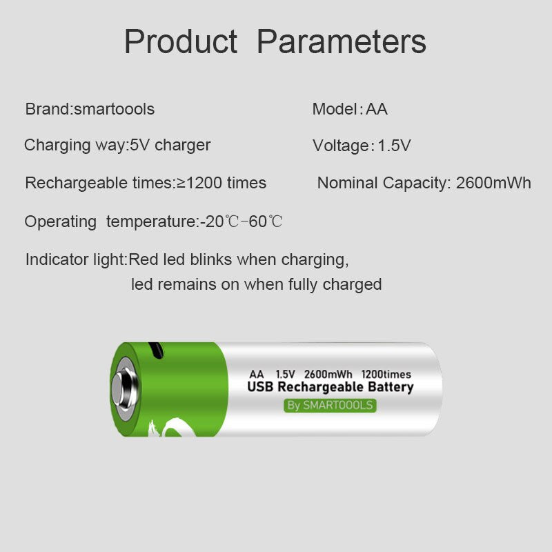 Neue Original AA 1,5 V 2600 mWh USB wiederaufladbare Li-Ion-Batterie für Fernbedienung Maus kleiner Lüfter Elektrische Spielzeugbatterie + Kabel