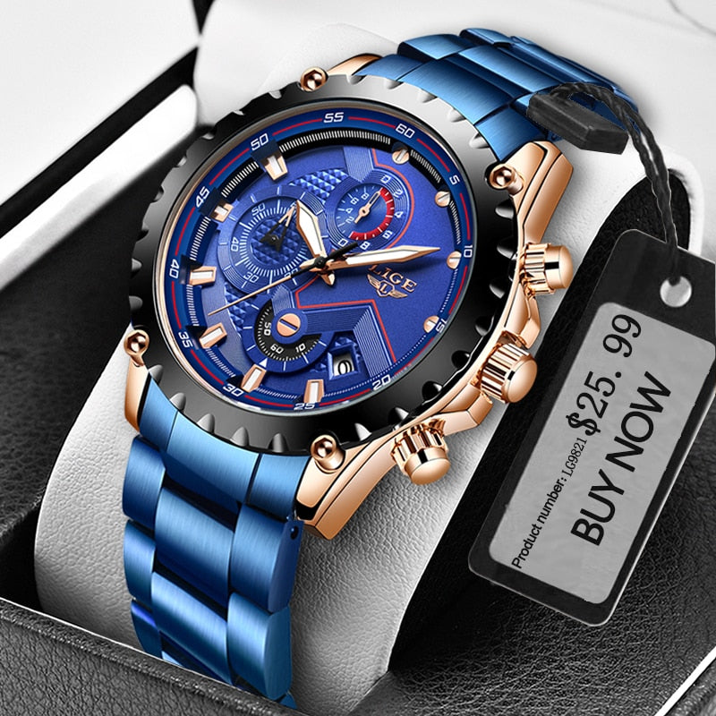 LIGE Fashion Mens Watches Top Luxury Brand Silver Stainless Steel 30m Waterproof Quartz Watch for Men Army Military Chronograph