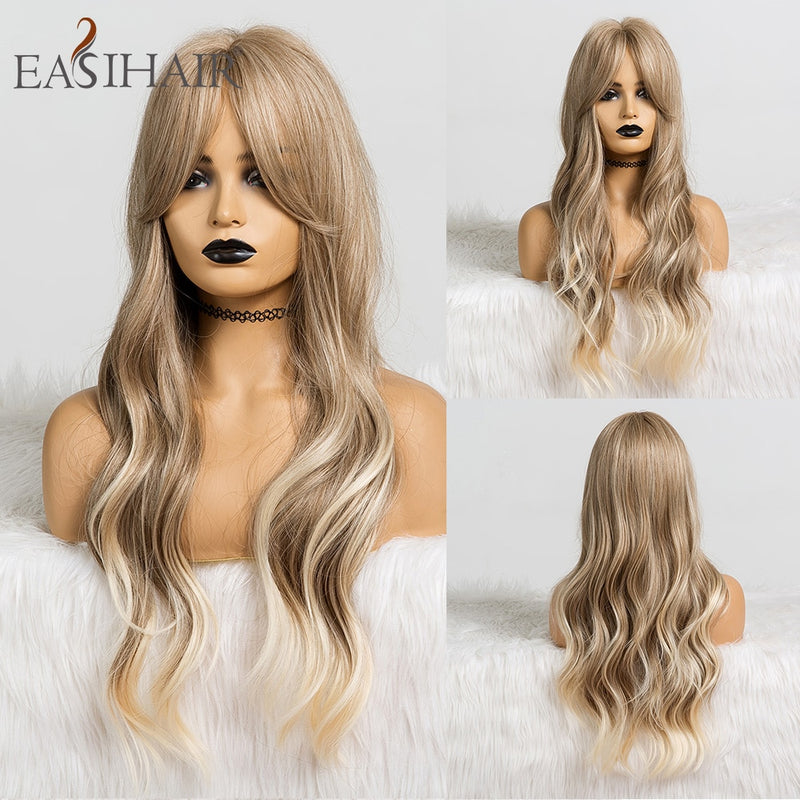 EASIHAIR Long Ombre Brown Wavy Synthetic Wigs for Women Wigs with Bangs Heat Resistant Blonde Cosplay Wigs Daily Natural Hair