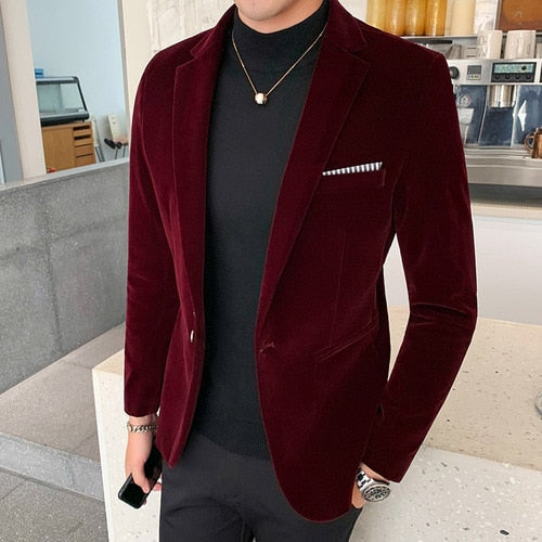 Autum Velvet Wedding Dress Coat Mens Blazer Jacket Fashion Casual Suit Jacket Stage DJ Men&