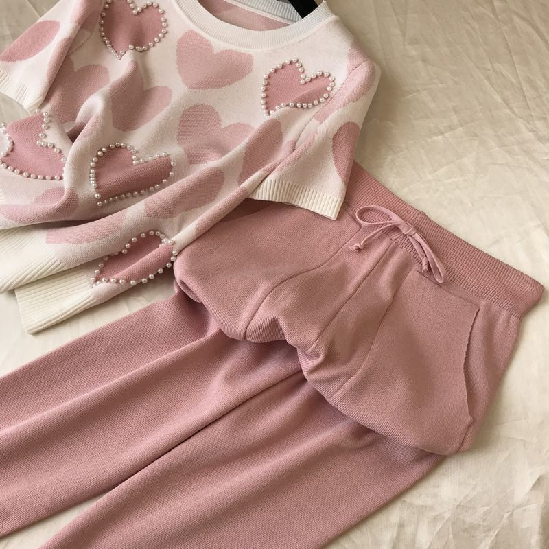 Coreano con cuentas amor impreso tejido dulce 2 uds mujeres manga corta rebordear suéteres mujer Tops + Pantalones traje rosa Casual chándal