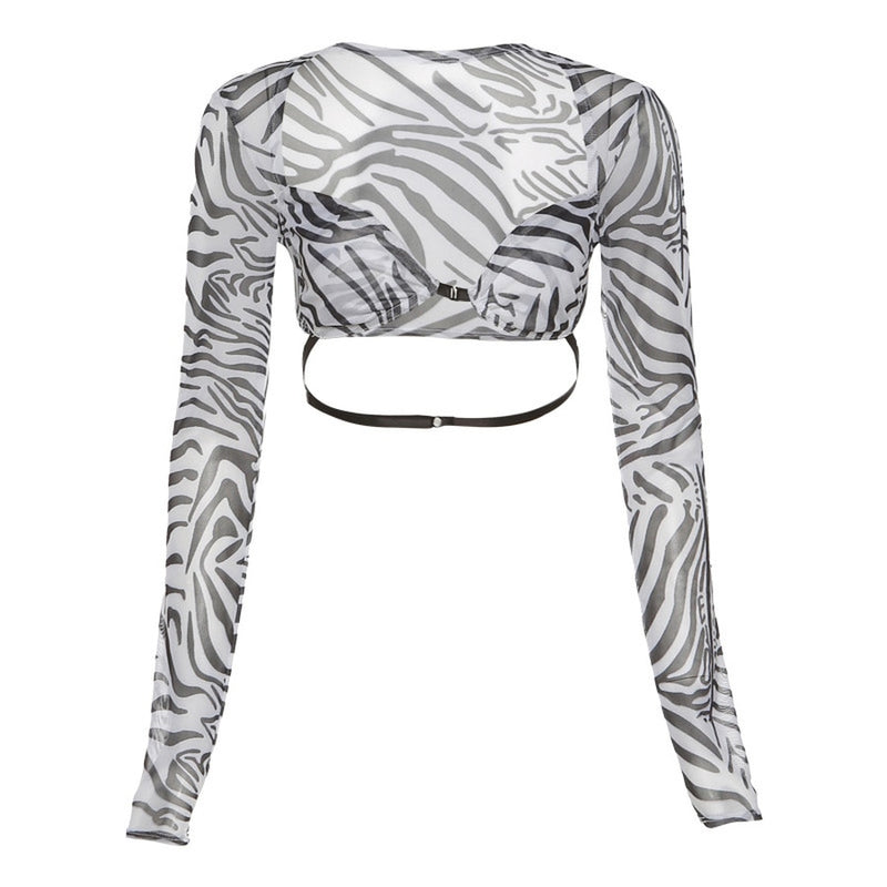 Sexy Zebra Print Long Sleeve T Shirts Women Summer Fashion Slim Backless Crop Tops Long Sleeve Square Neck Net Yarn T-shirt