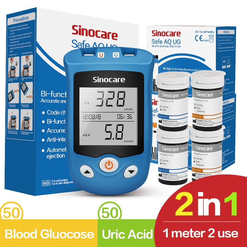 Sinocare Safe AQ UG mg/dL medidor de glucosa en sangre y ácido úrico y tiras de glucosa/úrico para diabéticos, medidor de glucosa para gota, paquete múltiple