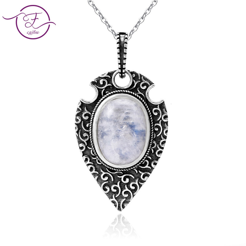 100% S925 Sterling Silver Necklace Pendant Large Oval 10*14MM Natural Moonstone Retro Bohemian Style Necklace Pendant Party