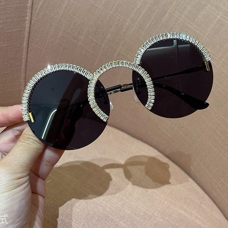 Zircon oversized sunglasses 2020 luxury Round sun glasses women Clear lens Eyeglasses Shades For Women  oculos feminino