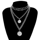 IngeSight.Z Punk Multi Layer Curb Cuban Chunky Thick Portrait Choker Necklace Women Vintage Carved Coin Pendant Necklace Jewelry